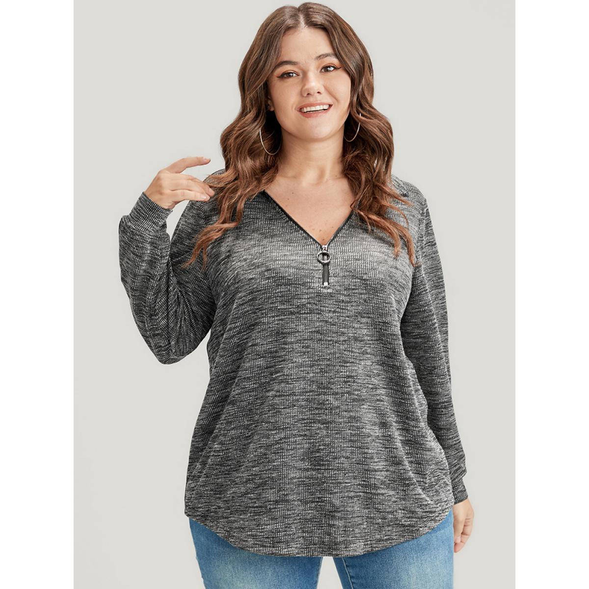 Plus Size Solid O Ring Zip Rib Knit Long Tee DimGray Women Elegant Zipper Plain Lapel Collar Dailywear T-shirts BloomChic 26/4X Product Image