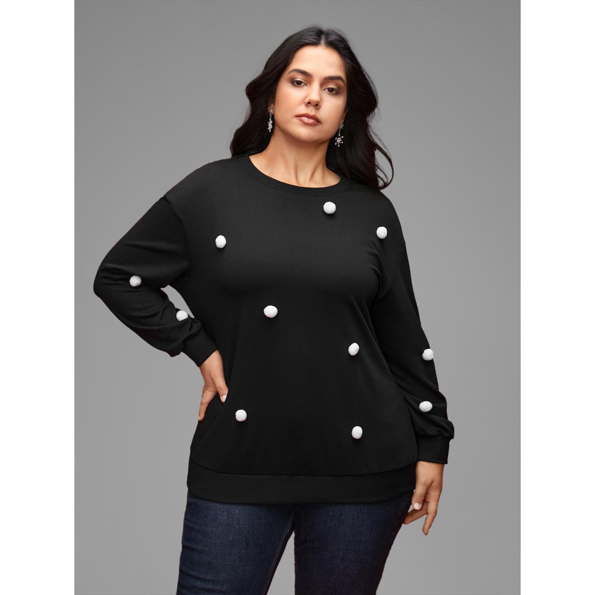 Plus Size 3D Dots Round Neck Relaxed Fit Sweatshirt Women Black Casual Patchwork Round Neck Everyday Sweatshirts BloomChic 30/6X Product Image
