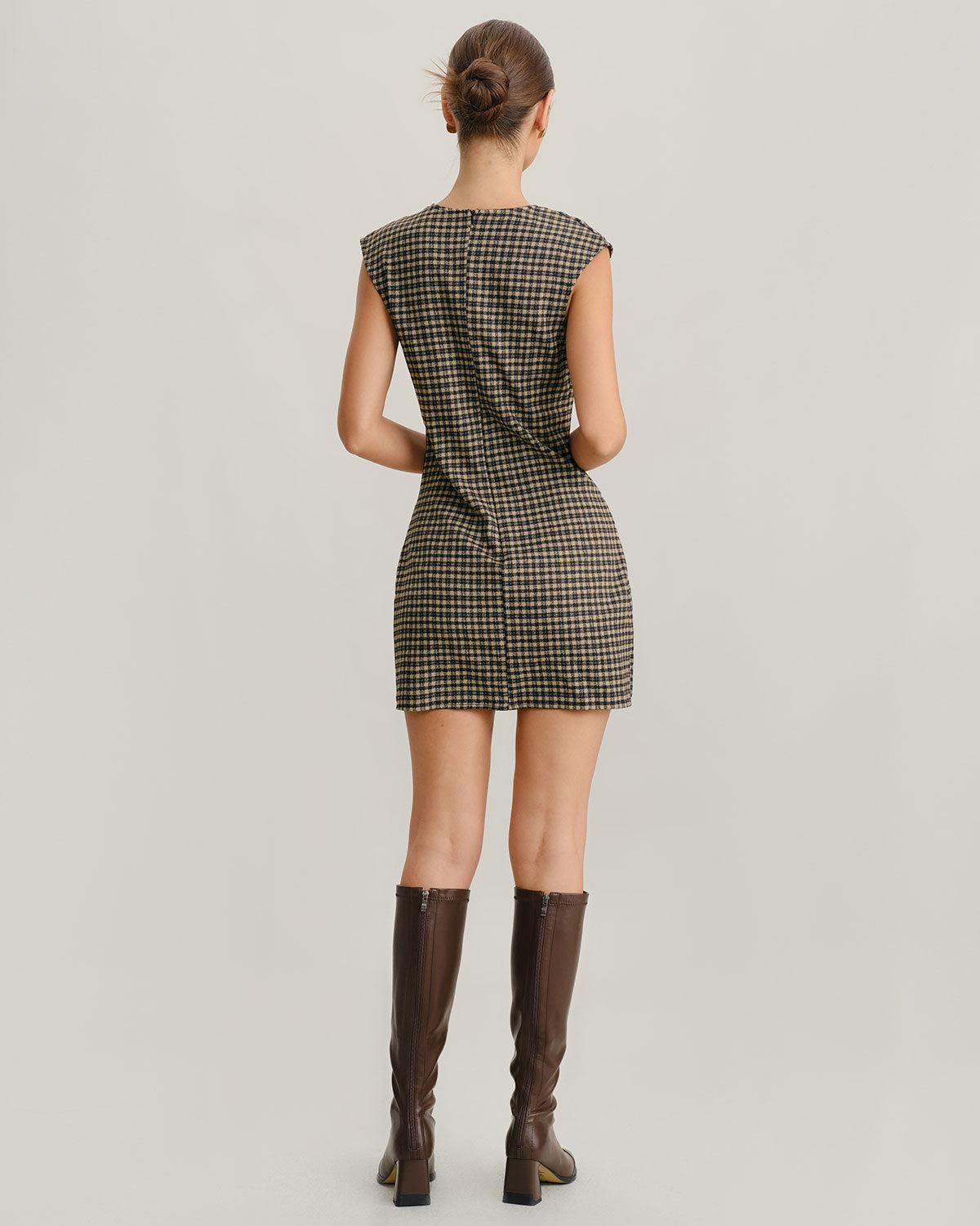 Khaki Round Neck Plaid Belted Mini Dress Product Image