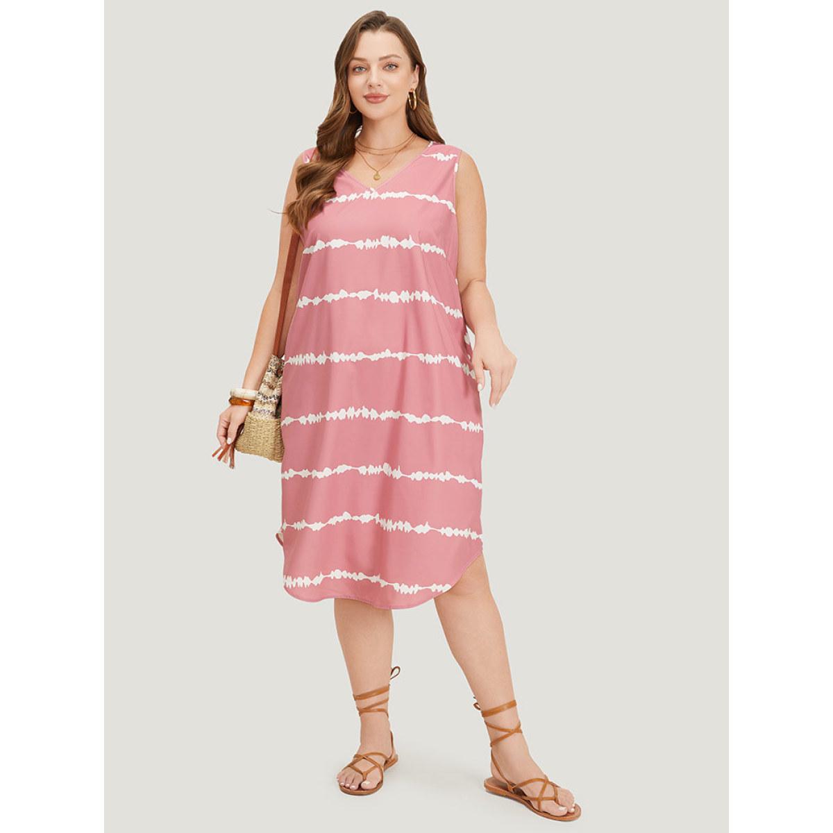 Plus Size Tie Dye Striped Pocket V Neck Arc Hem Tank Dress Watermelon Women Vacation V-neck Sleeveless Curvy Midi Dress BloomChic 22-24/3X Product Image