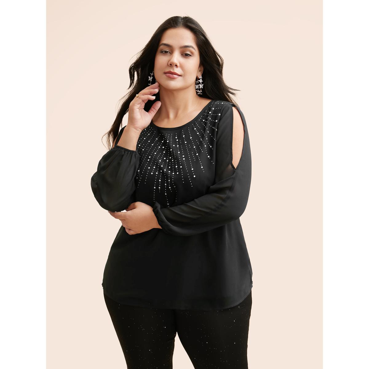 Plus Size Black Rhinestone Cut Out Lantern Sleeve Blouse Women Cocktail Long Sleeve Round Neck Party Blouses BloomChic 12/L Product Image