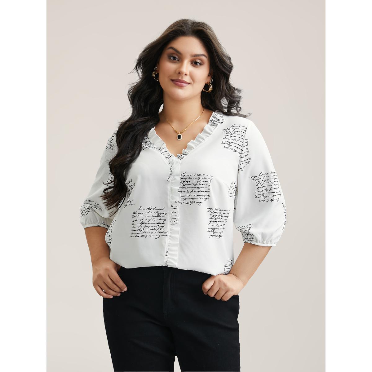 Plus Size Originalwhite Text Pattern Ruffled Lantern Sleeve Blouse Women Office Elbow-length sleeve V-neck Office Blouses BloomChic 18-20/2X Product Image