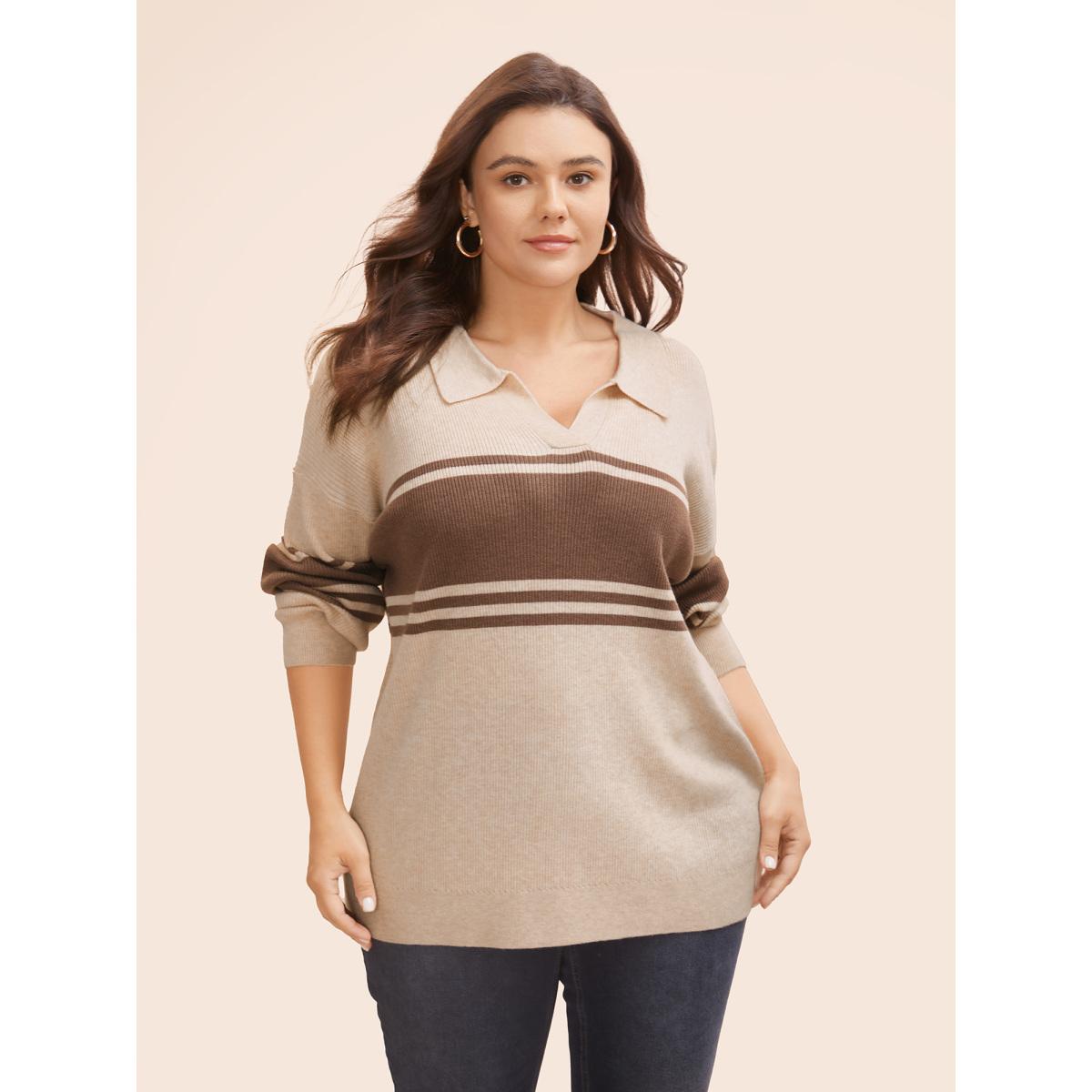 Plus Size Colorblock Contrast Striped Polo Neck Pullover Beige Women Casual Long Sleeve Polo Everyday Pullovers BloomChic 14-16/1X Product Image