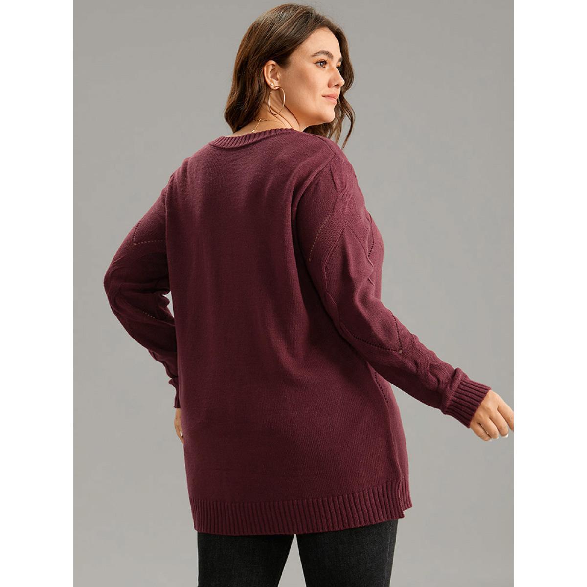 Plus Size Eyelet Cable Knit Elastic Hem Pullover Burgundy Women Casual Loose Long Sleeve Round Neck Dailywear Pullovers BloomChic 14-16/1X Product Image