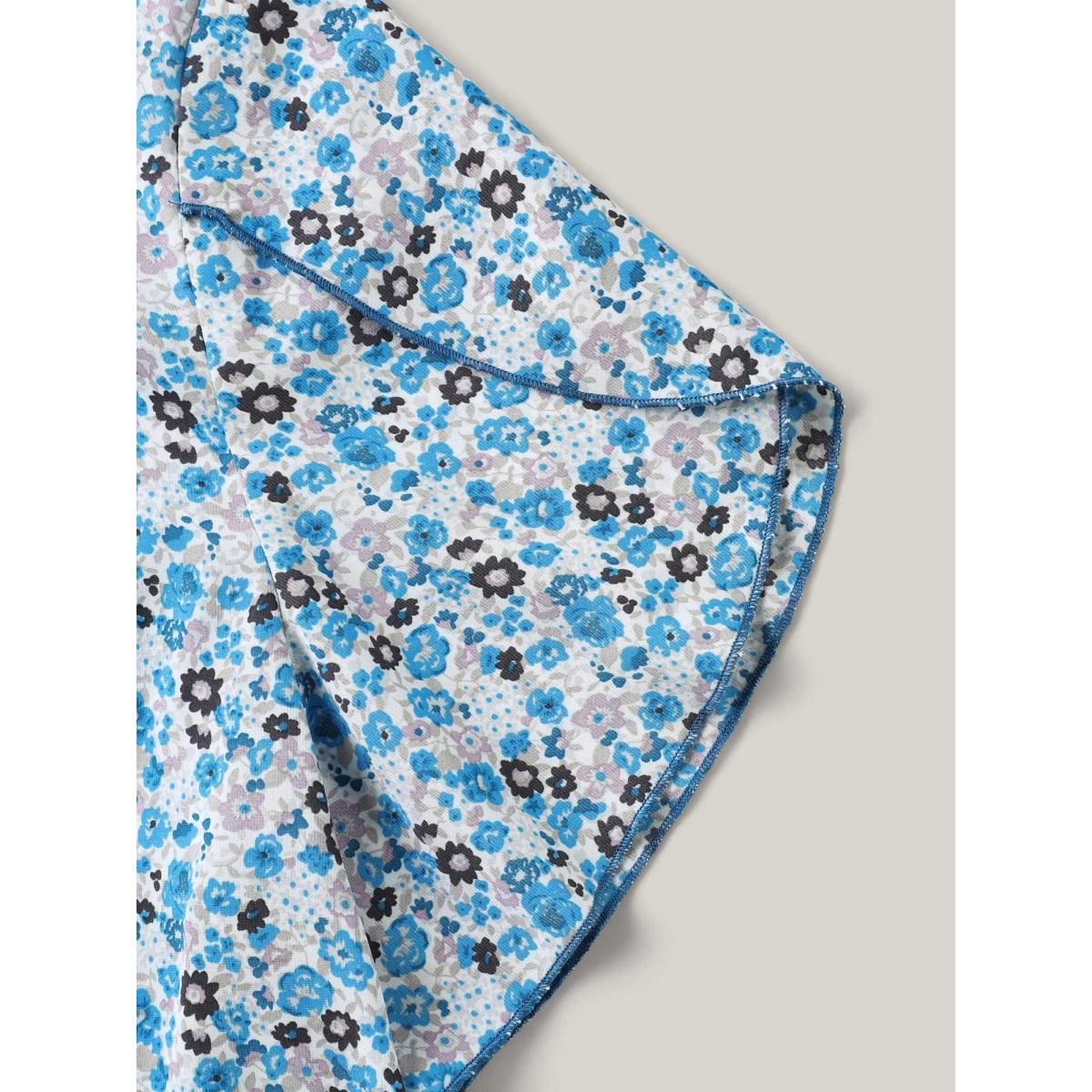 Plus Size Skyblue Floral Print Petal Sleeve Pleated Neck Blouse Women Short sleeve Round Neck Elegant Blouses BloomChic 26/4X Product Image