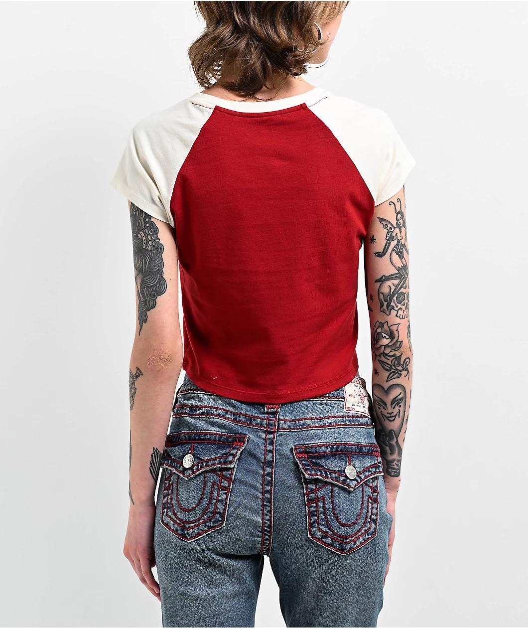 True Religion Buddha Logo Ringer Raglan Red Crop T-Shirt Product Image
