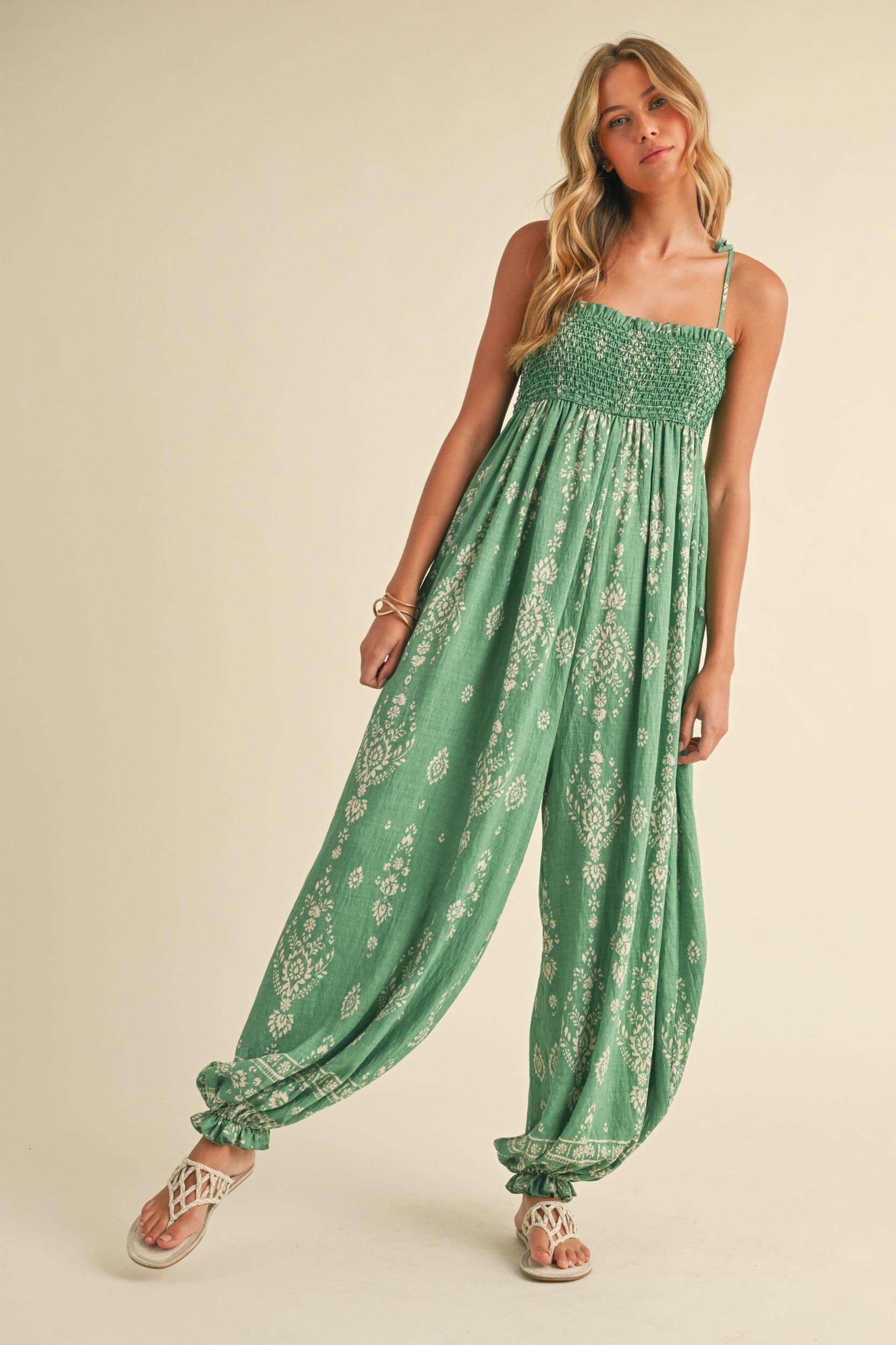 Smocked Strap Tie Wide Leg Boho Jumpsuit Product Image