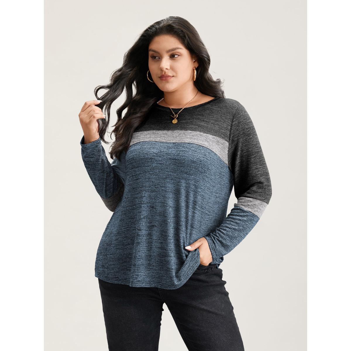Plus Size Heather Colorblock Contrast Crew Neck T-shirt DarkBlue Women Leisure Texture Plain Round Neck Casual T-shirts BloomChic 22-24/3X Product Image