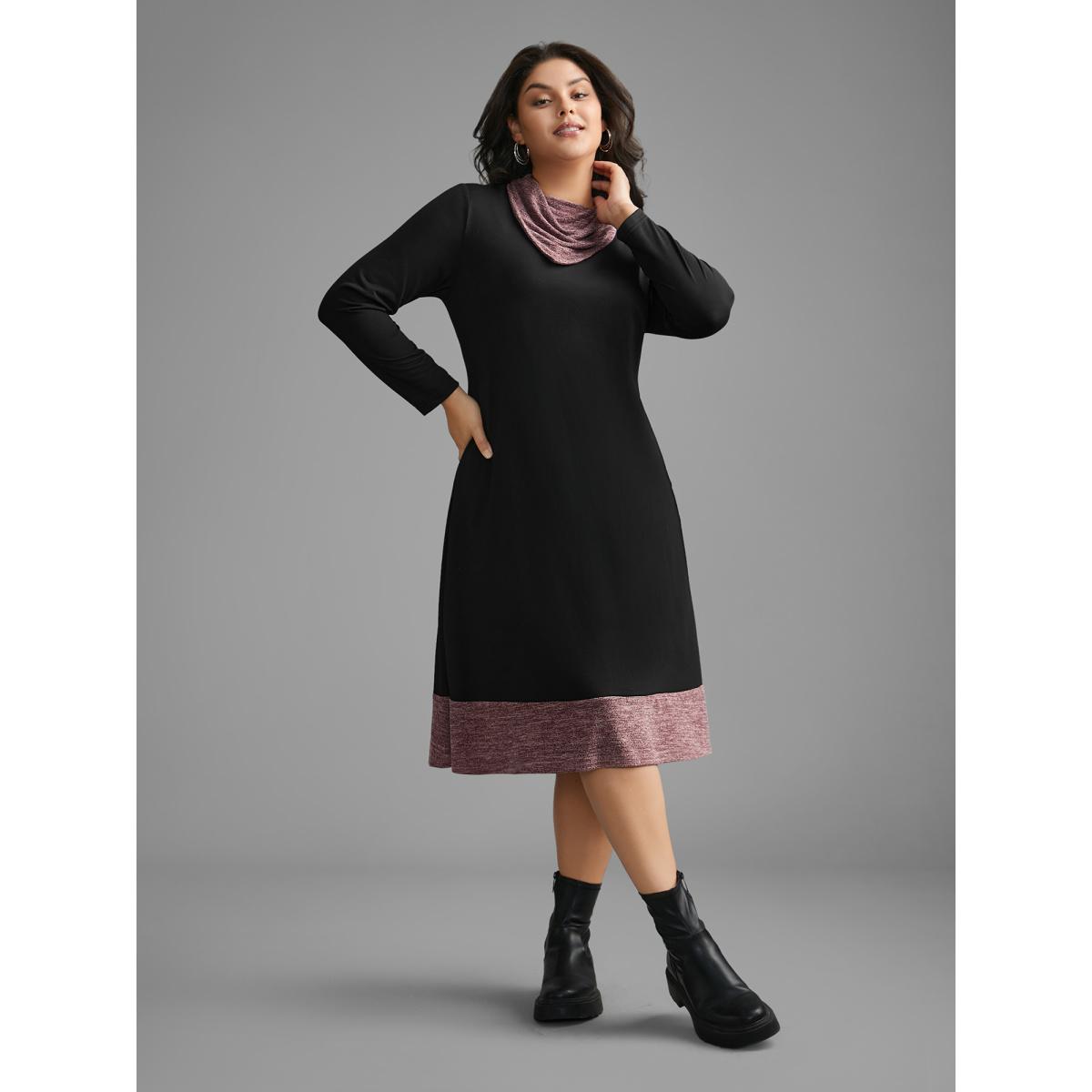 Plus Size Heather Patchwork Turtleneck Midi Dress Black Women Casual Contrast Ruffled collar Long Sleeve Curvy BloomChic 10/M Product Image
