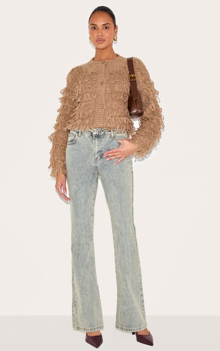 Taupe Loop Knit Crew Neck Button Up Cardigan Product Image