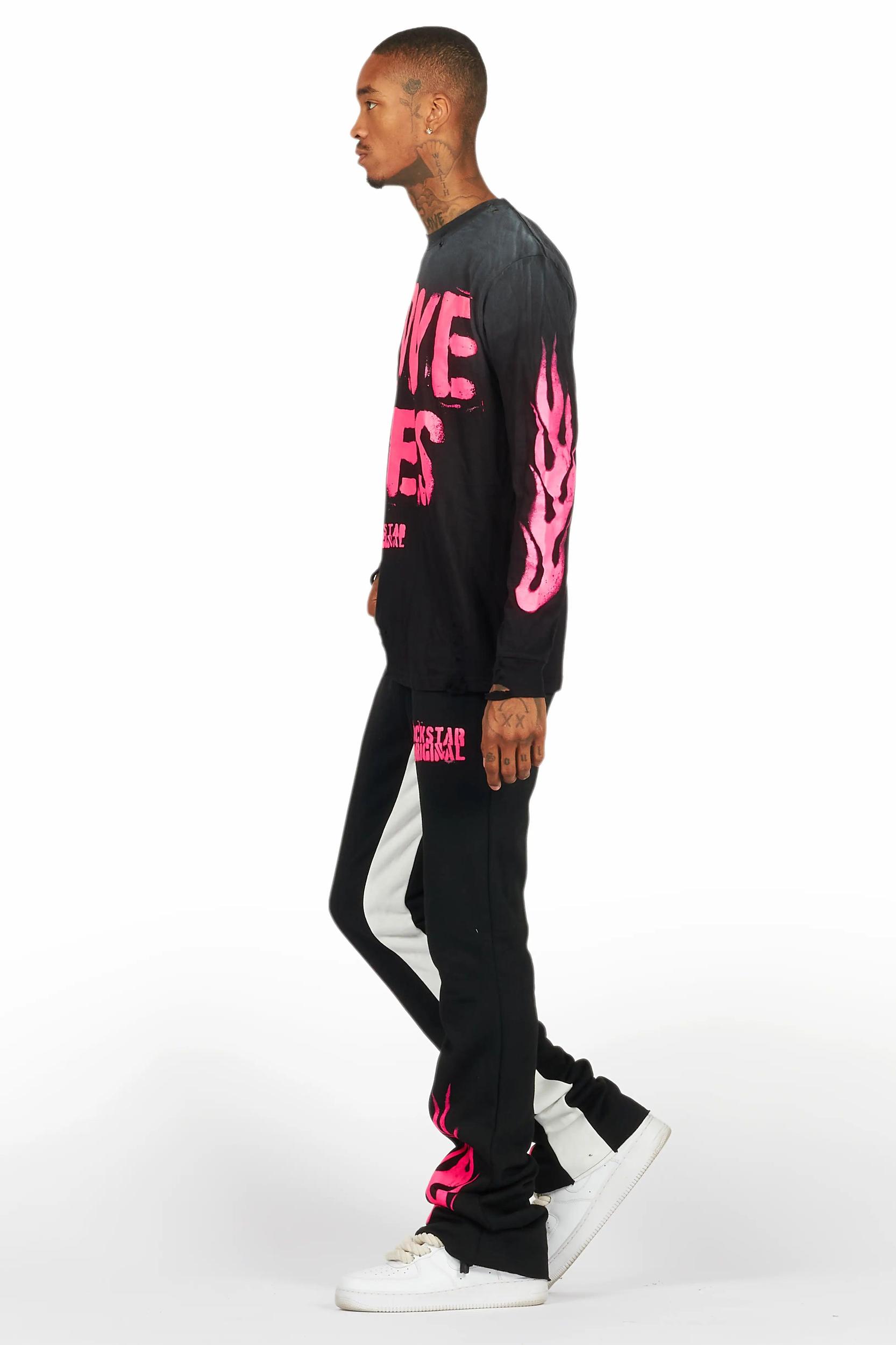 Banyan Black/Pink Long Sleeve T-Shirt/Stacked Baggy Track Pant Set Male Product Image