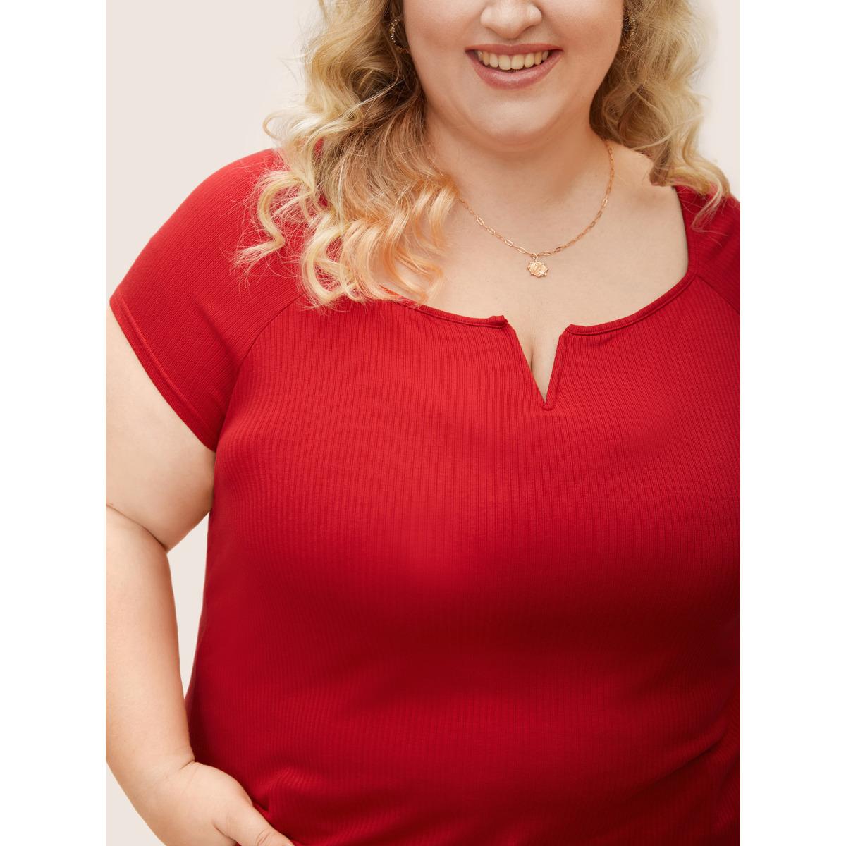 Plus Size Solid Notched Collar Pit Strip T-shirt Brightred Women Timeless Non Notched collar Bodycon Elegant T-shirts BloomChic 26/4X Product Image