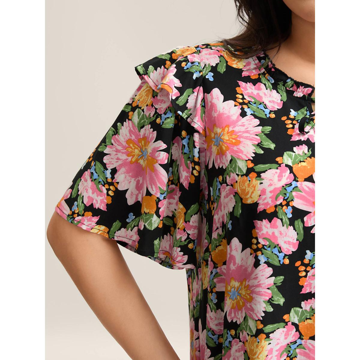 Plus Size Multicolor Large Flower Print Layered Sleeve Shirt Women Short sleeve Notched collar Elegant Blouses BloomChic 26/4X Product Image