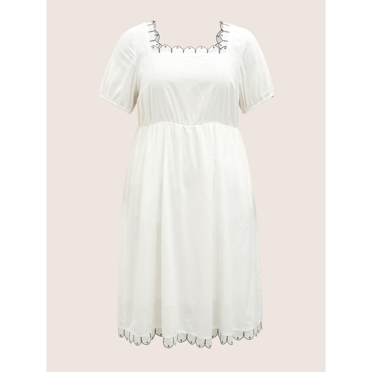 Plus Size Cotton Lace collar Lantern Sleeve Midi Dress Originalwhite Women Elegant Embroidered Lace collar Short sleeve Curvy BloomChic 14-16/1X Product Image