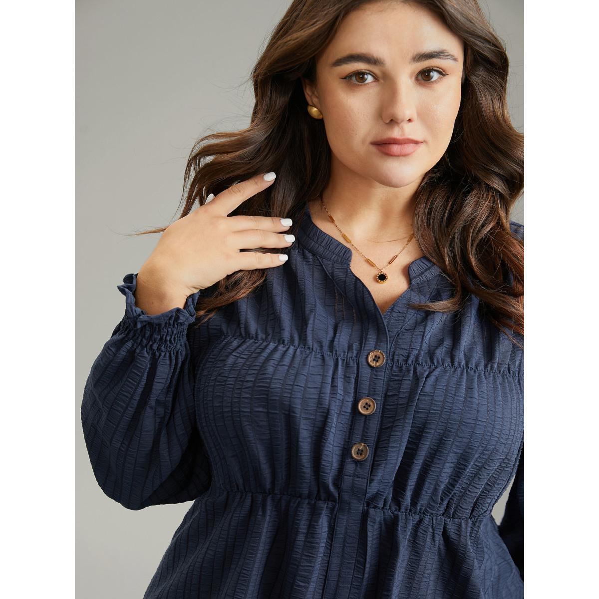 Plus Size Indigo Plisse Gathered Shirred Cuffs Button Through Blouse Women Office Long Sleeve Notched collar Office Blouses BloomChic 18-20/2X Product Image