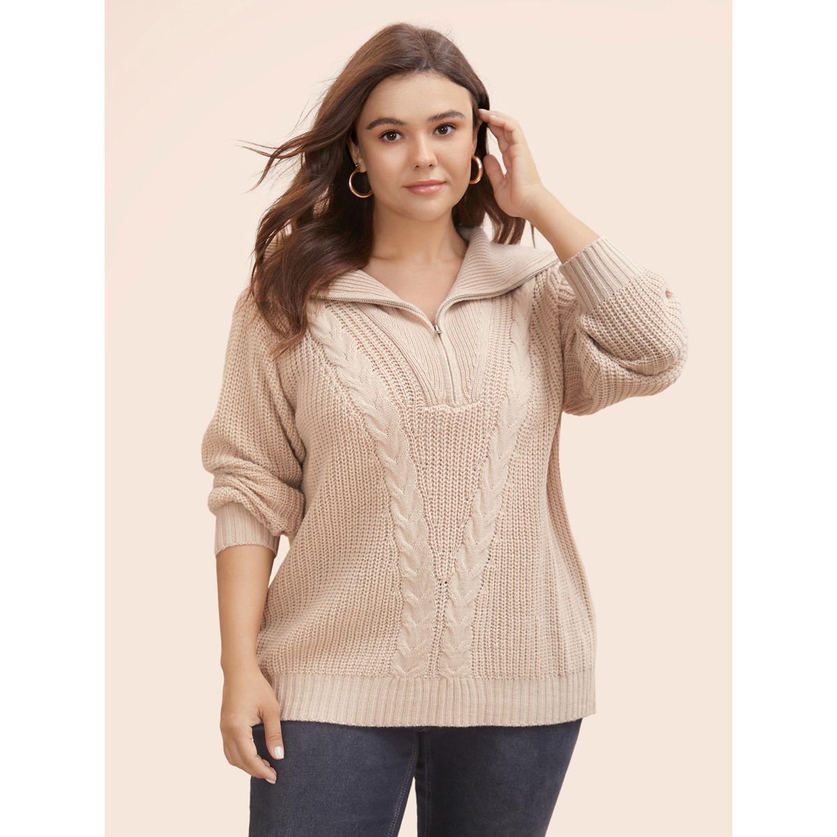 Plus Size Lapel Collar Half Zip Cable Knit Pullover Apricot Women Casual Long Sleeve Lapel Collar Everyday Pullovers BloomChic 26/4X Product Image