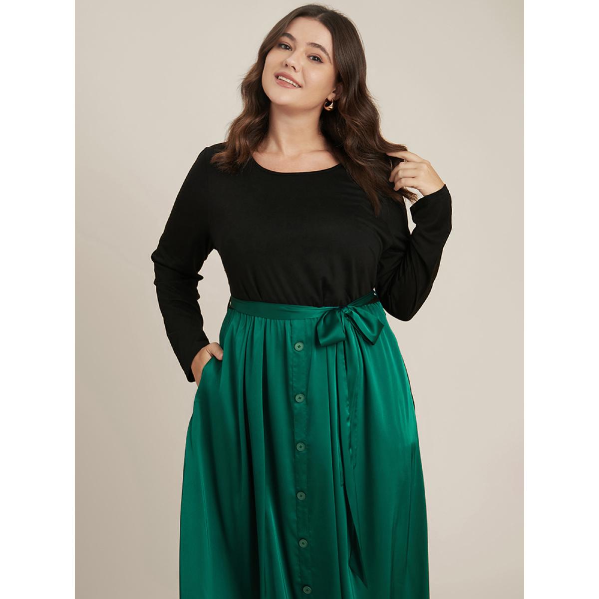 Plus Size Solid Round Neck Pocket Button Detail Belted Satin Dress DarkGreen Women Office Patchwork Round Neck Long Sleeve Curvy Midi Dress BloomChic 26/4X Product Image