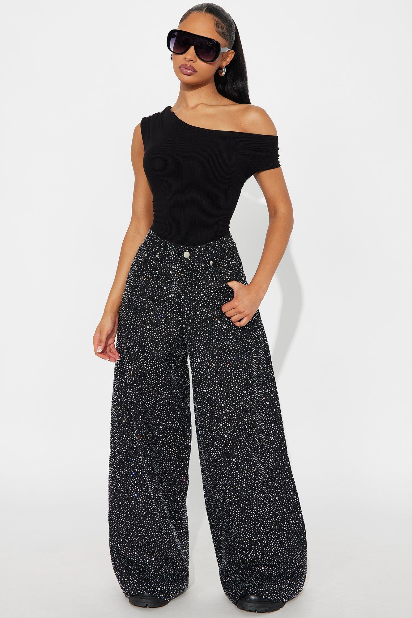 Let It Shine Sequin Wide Leg Jean - Black Female Product Image