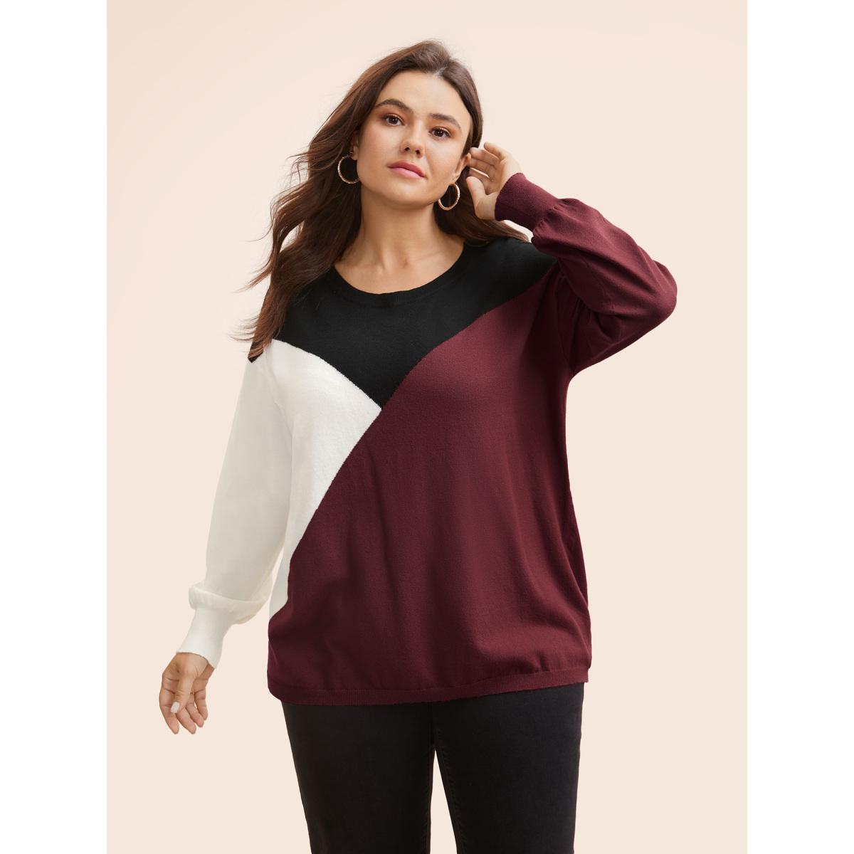 Plus Size Supersoft Essentials Colorblock Contrast Pullover Burgundy Women Casual Long Sleeve Round Neck Everyday Pullovers BloomChic 18-20/2X Product Image