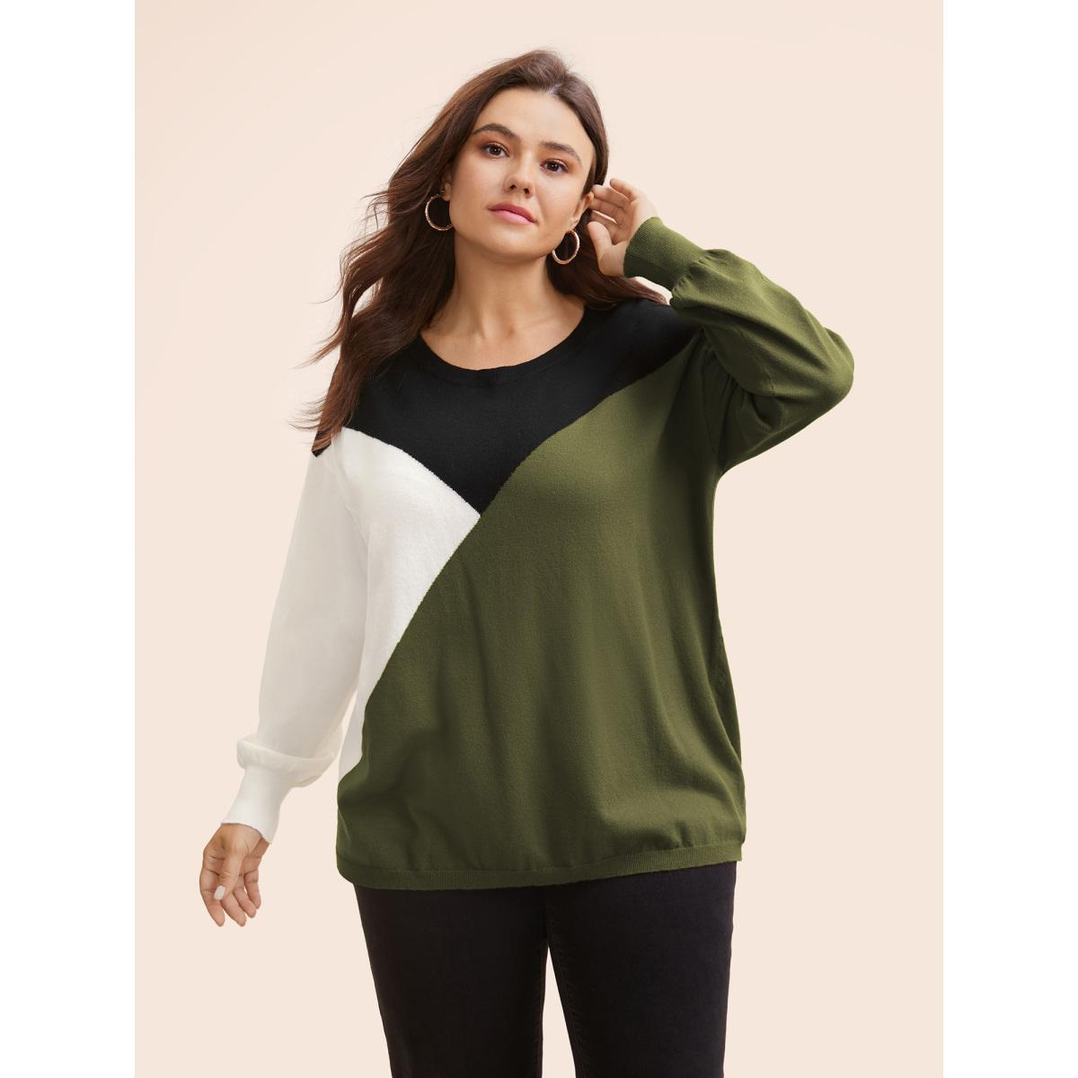 Plus Size Supersoft Essentials Colorblock Contrast Pullover ArmyGreen Women Leisure Long Sleeve Round Neck Casual Pullovers BloomChic 26/4X Product Image
