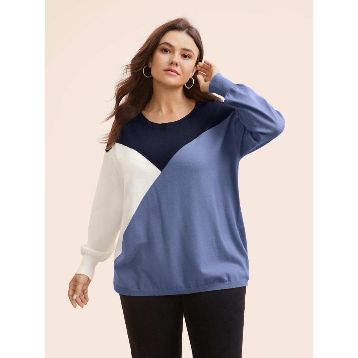 Plus Size Supersoft Essentials Colorblock Contrast Pullover Indigo Women Casual Long Sleeve Round Neck Everyday Pullovers BloomChic 28/5X Product Image