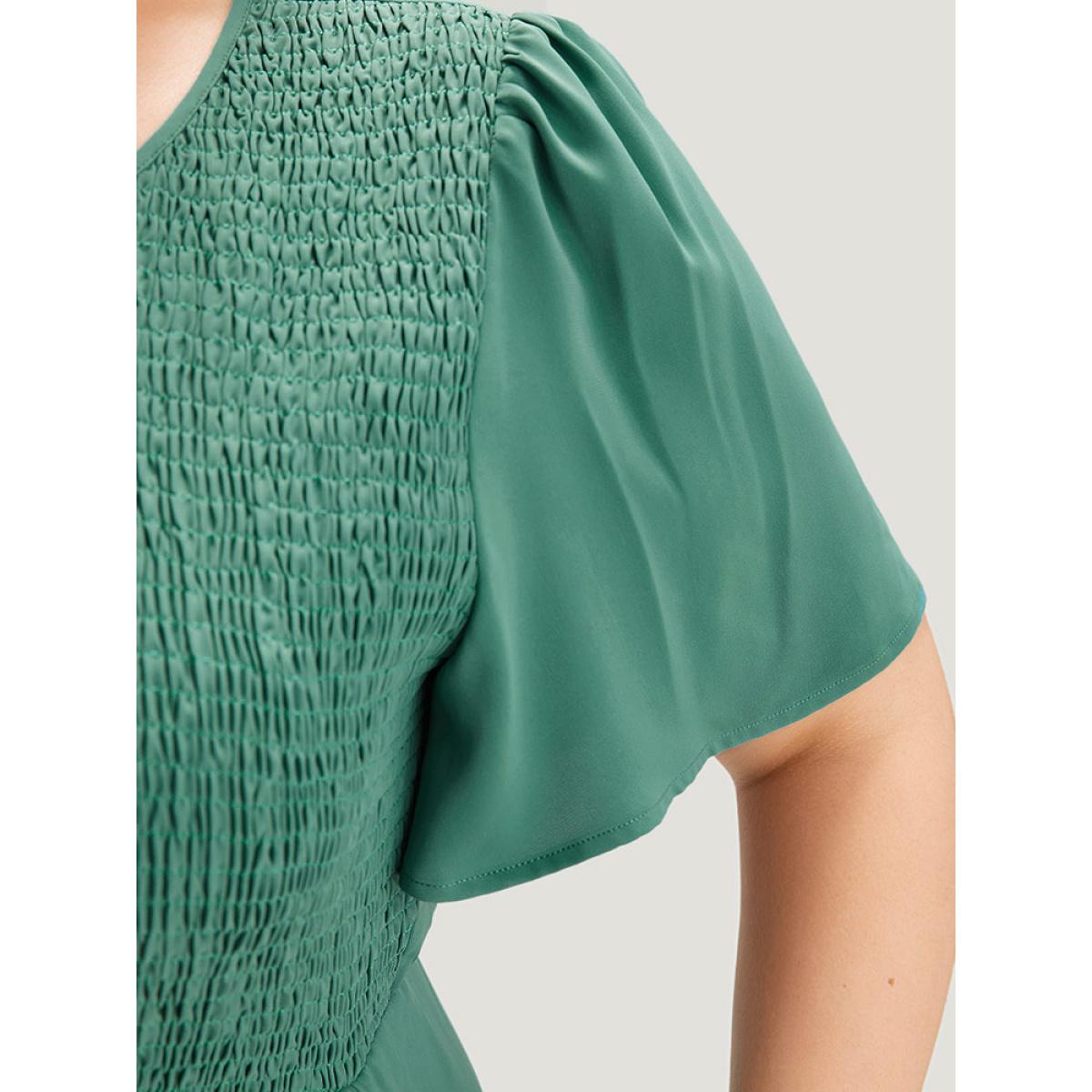 Plus Size Solid Shirred Pocket Layered Hem Dress Emerald Women Elegant Plain Round Neck Short sleeve Curvy Midi Dress BloomChic 10/M Product Image