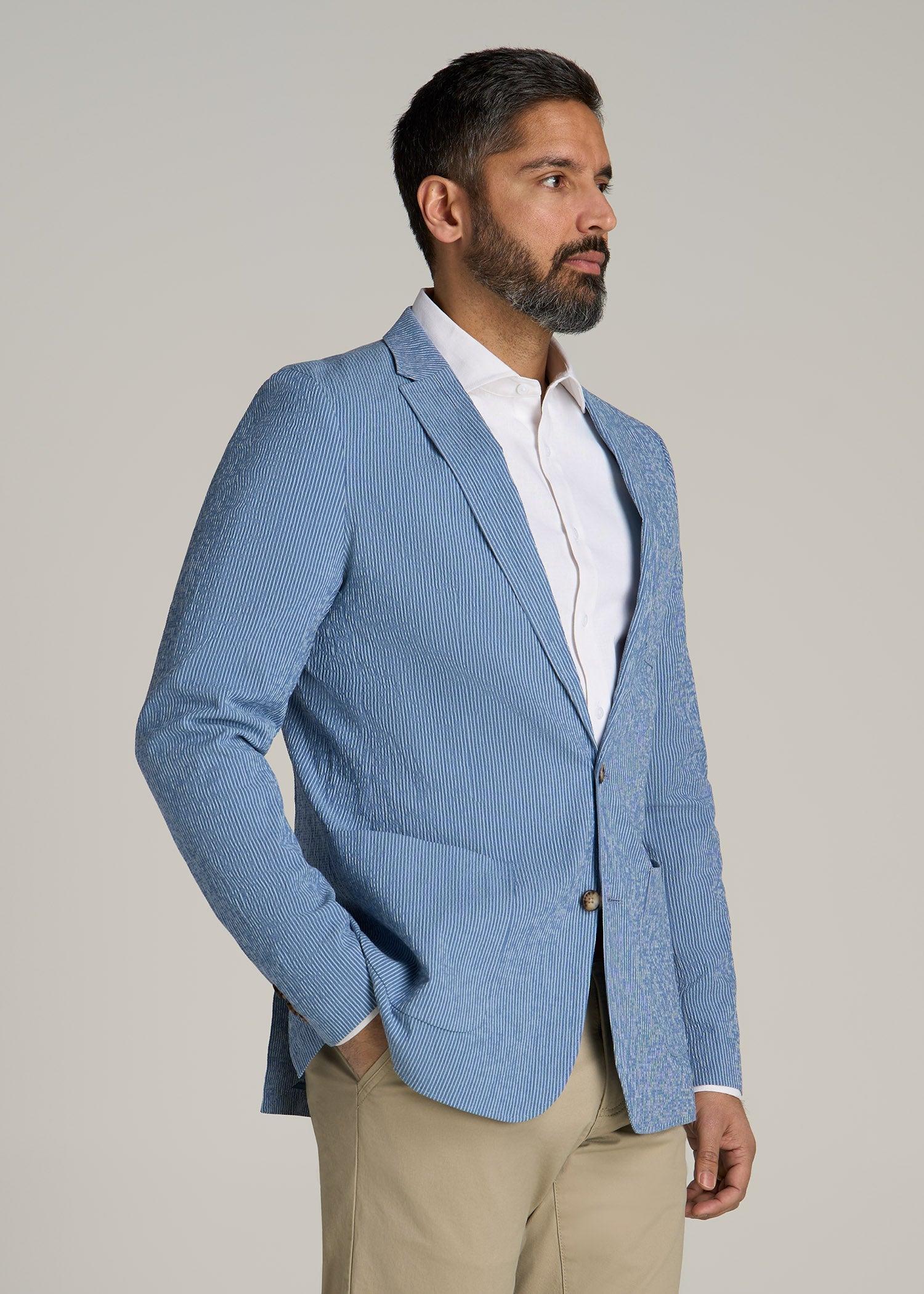 Stretch Seersucker Blazer for Tall Men in Tonal Blue Stripe Male Product Image