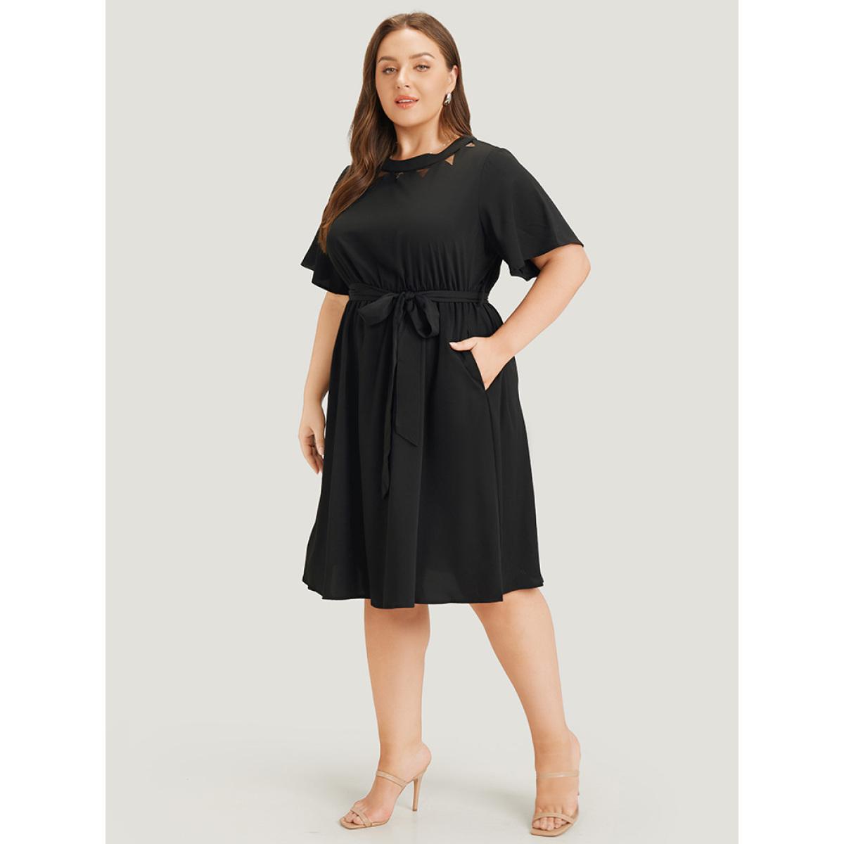 Plus Size Anti-Wrinkle Solid Flutter Belted Pocket Mesh Cut Out Dress Black Women Office See through Round Neck Short sleeve Curvy Midi Dress BloomChic 12/L Product Image