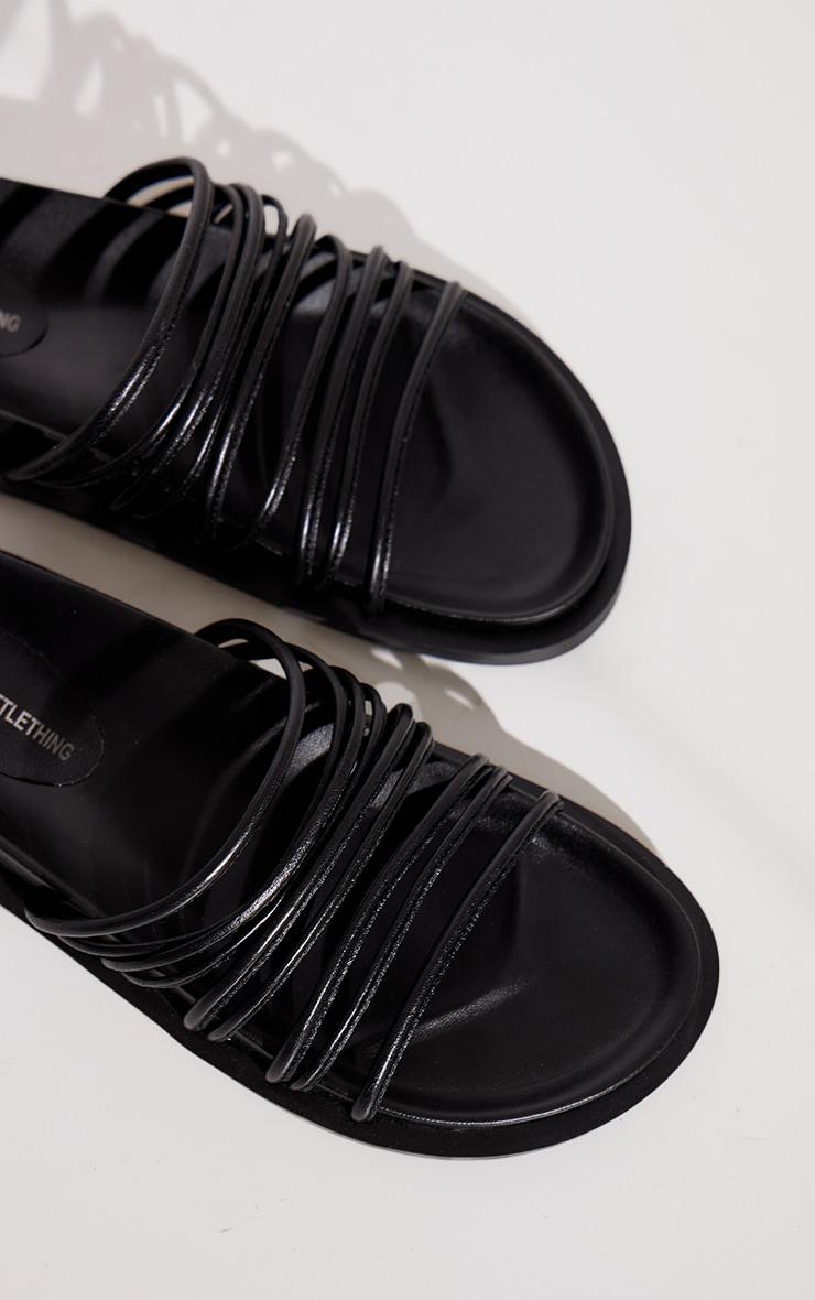 Black Real Leather Round Toe Strap Detail Footbed Sandals Product Image