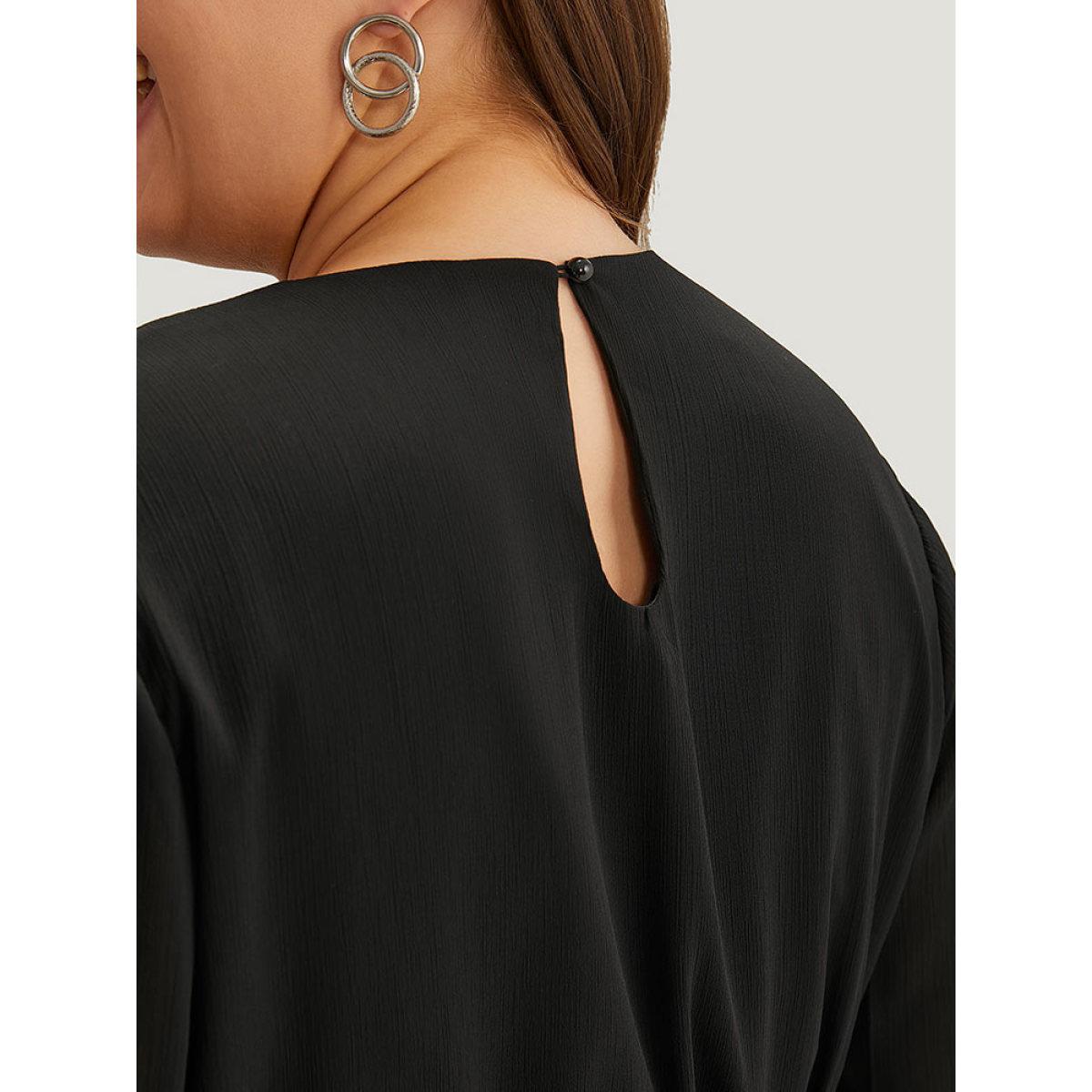 Plus Size Black Chiffon Mesh Tiered Bell Sleeve Blouse Women Office Long Sleeve Round Neck Work Blouses BloomChic 14-16/1X Product Image