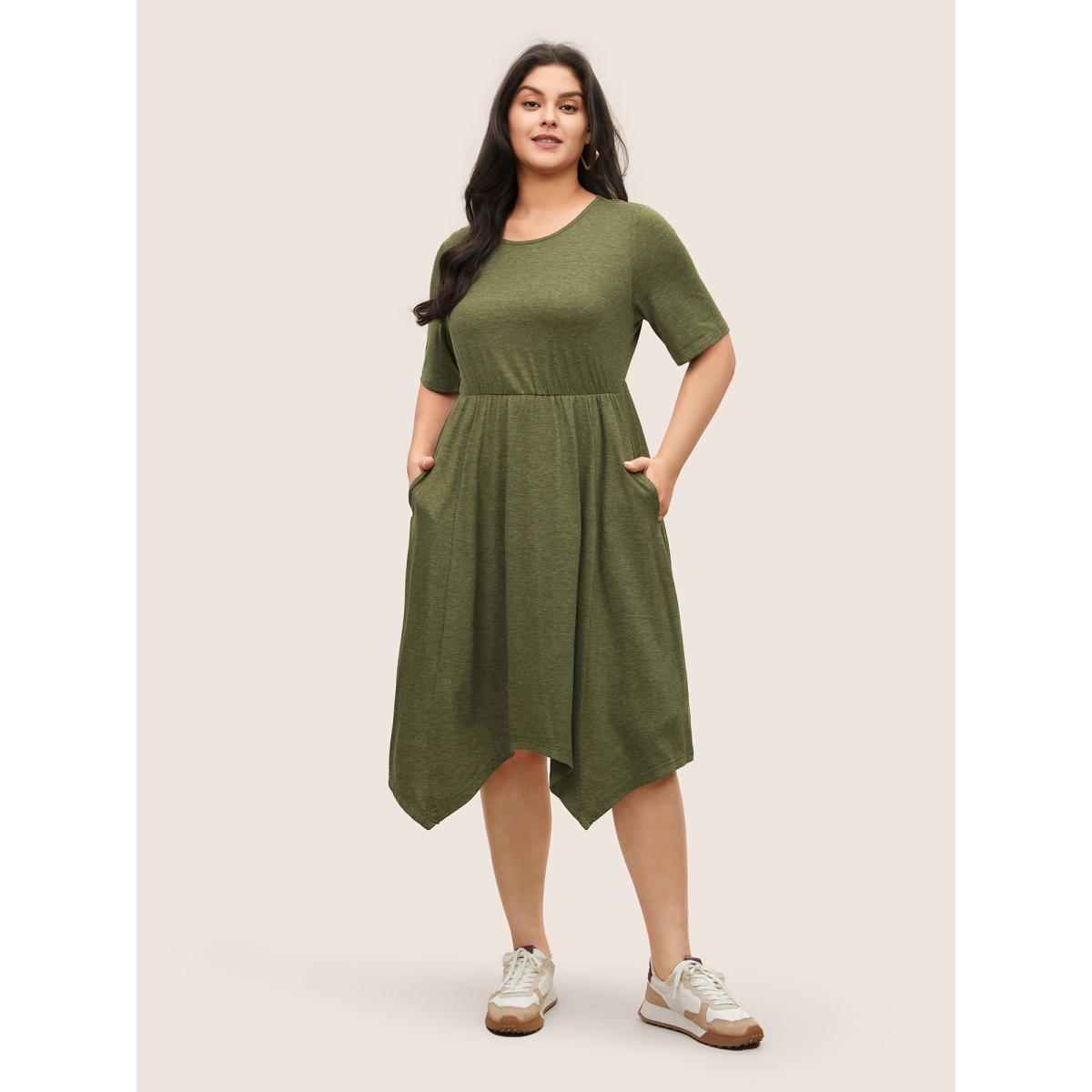 Plus Size Supersoft Essentials Solid Hanky Hem Dress Sage Women Casual Non Round Neck Short sleeve Curvy Midi Dress BloomChic 18-20/2X Product Image
