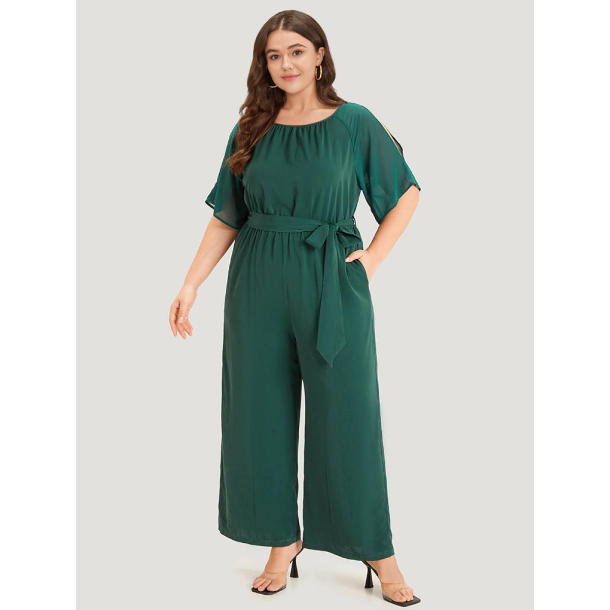 Plus Size DarkGreen Solid Belted Pocket Cut Out Zipper Jumpsuit Women Office Short sleeve Round Neck Office Loose Jumpsuits BloomChic 22-24/3X Product Image
