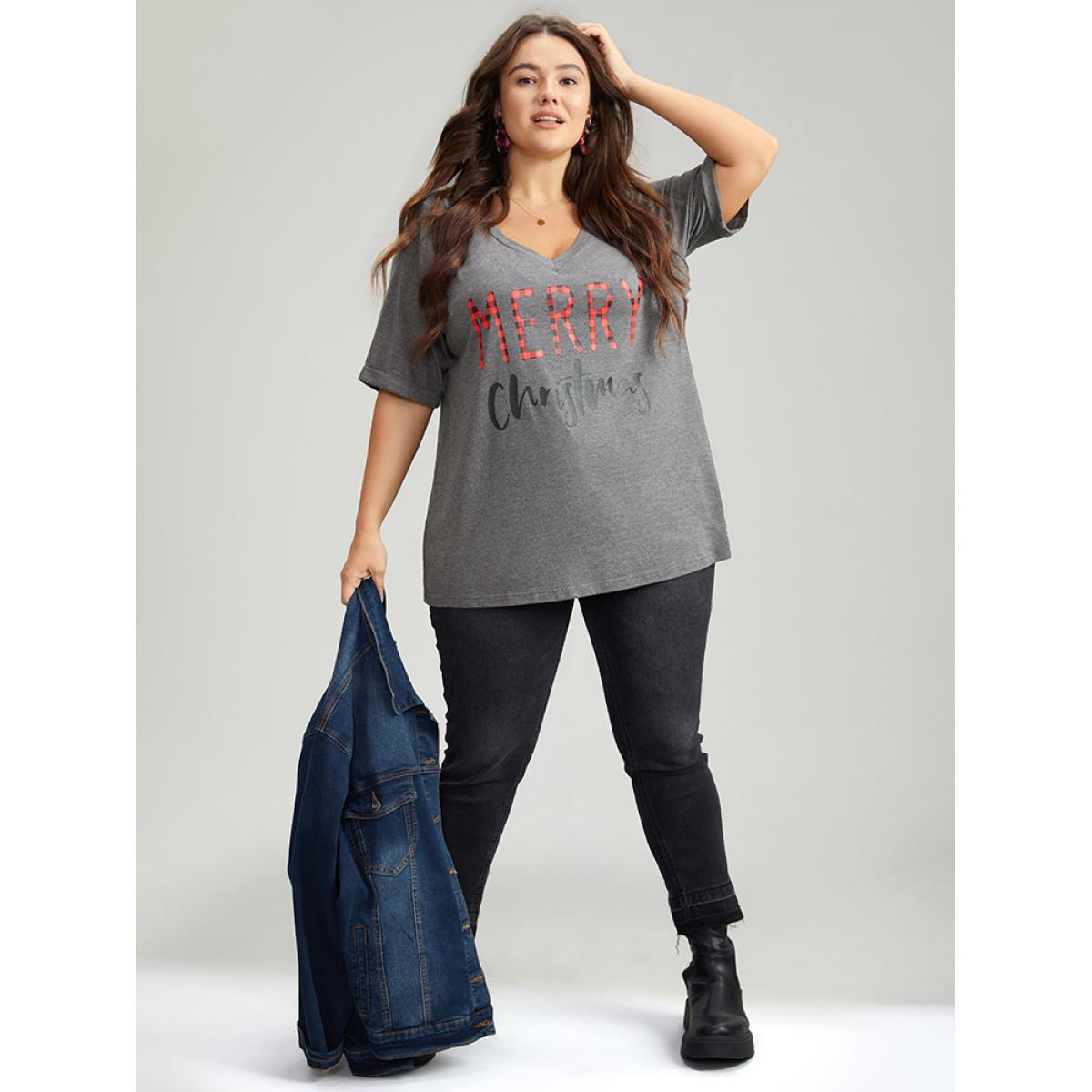 Plus Size Christmas Gingham Patchwork V Neck T-shirt DimGray Women Leisure Printed Christmas Casual T-shirts BloomChic 10/M Product Image