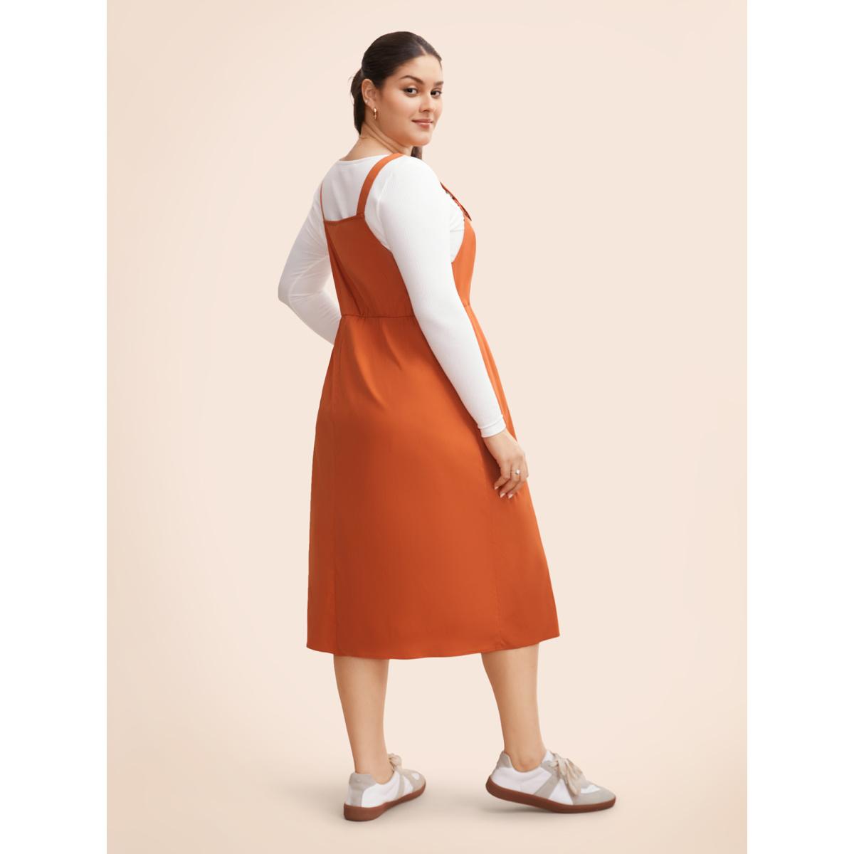 Plus Size Suspender Skirt Style Midi Dress OrangeRed Women Casual Button Non Sleeveless Curvy BloomChic 26/4X Product Image