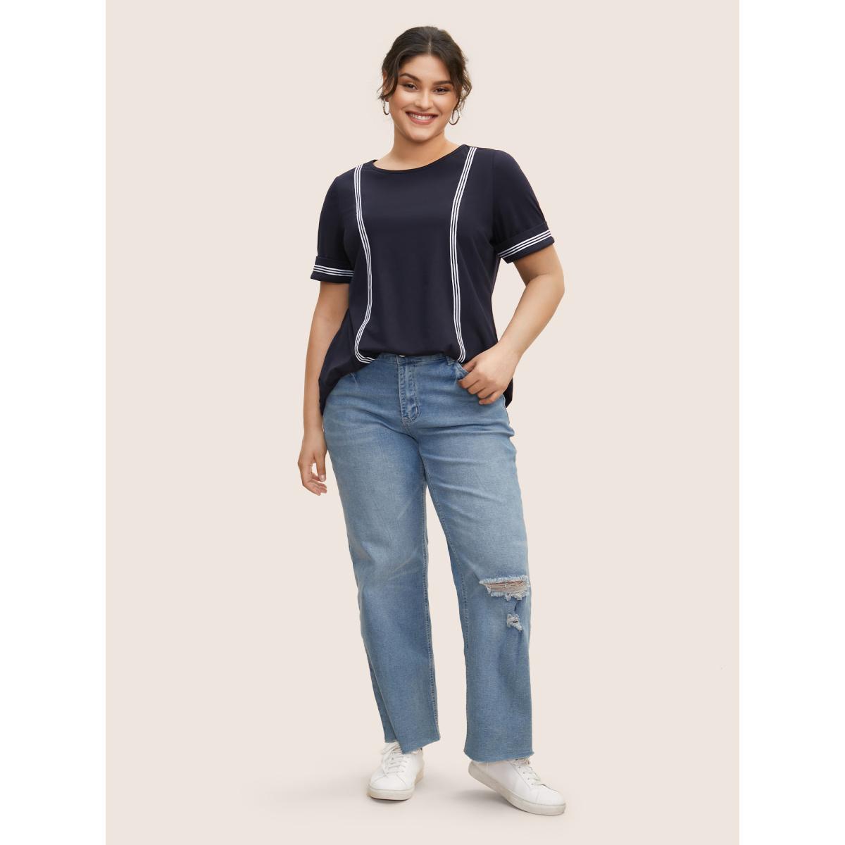 Plus Size Round Neck Contrast Webbing Cuffed Sleeve T-shirt Midnight Women Casual Contrast Round Neck Everyday T-shirts BloomChic 12/L Product Image