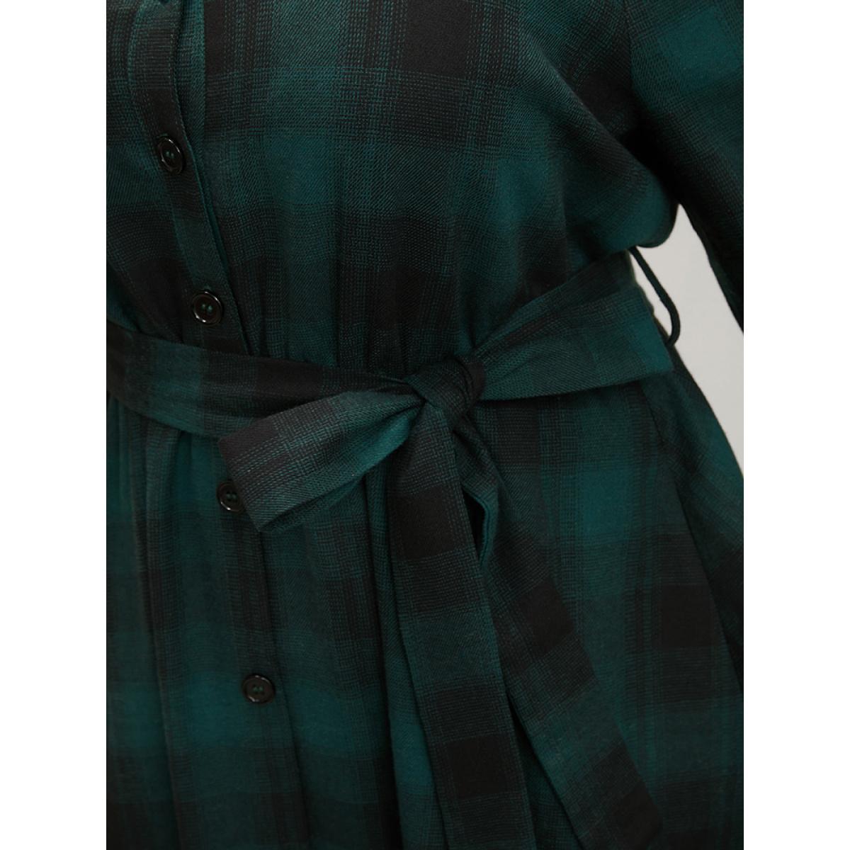 Plus Size Plaid Pocket Button Detail Belted Asymmetrical Hem Dress Emerald Women Elegant Button V-neck Long Sleeve Curvy Midi Dress BloomChic 22-24/3X Product Image
