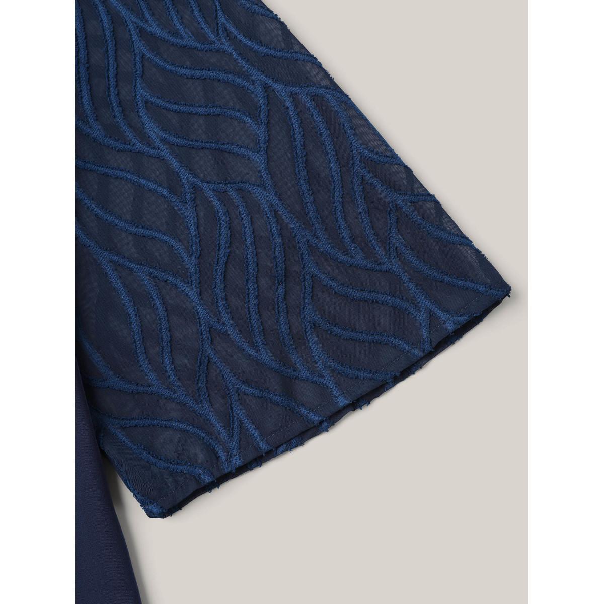 Plus Size Indigo Sheer Mesh Sleeve Spliced V-Neck Blouse Women Elegant Elbow-length sleeve V-neck Everyday Blouses BloomChic 22-24/3X Product Image