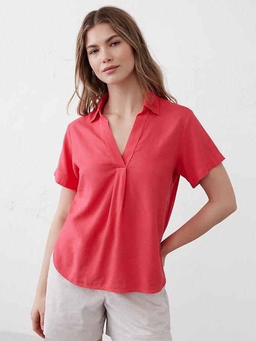 Linen-Blend Collared Top Product Image