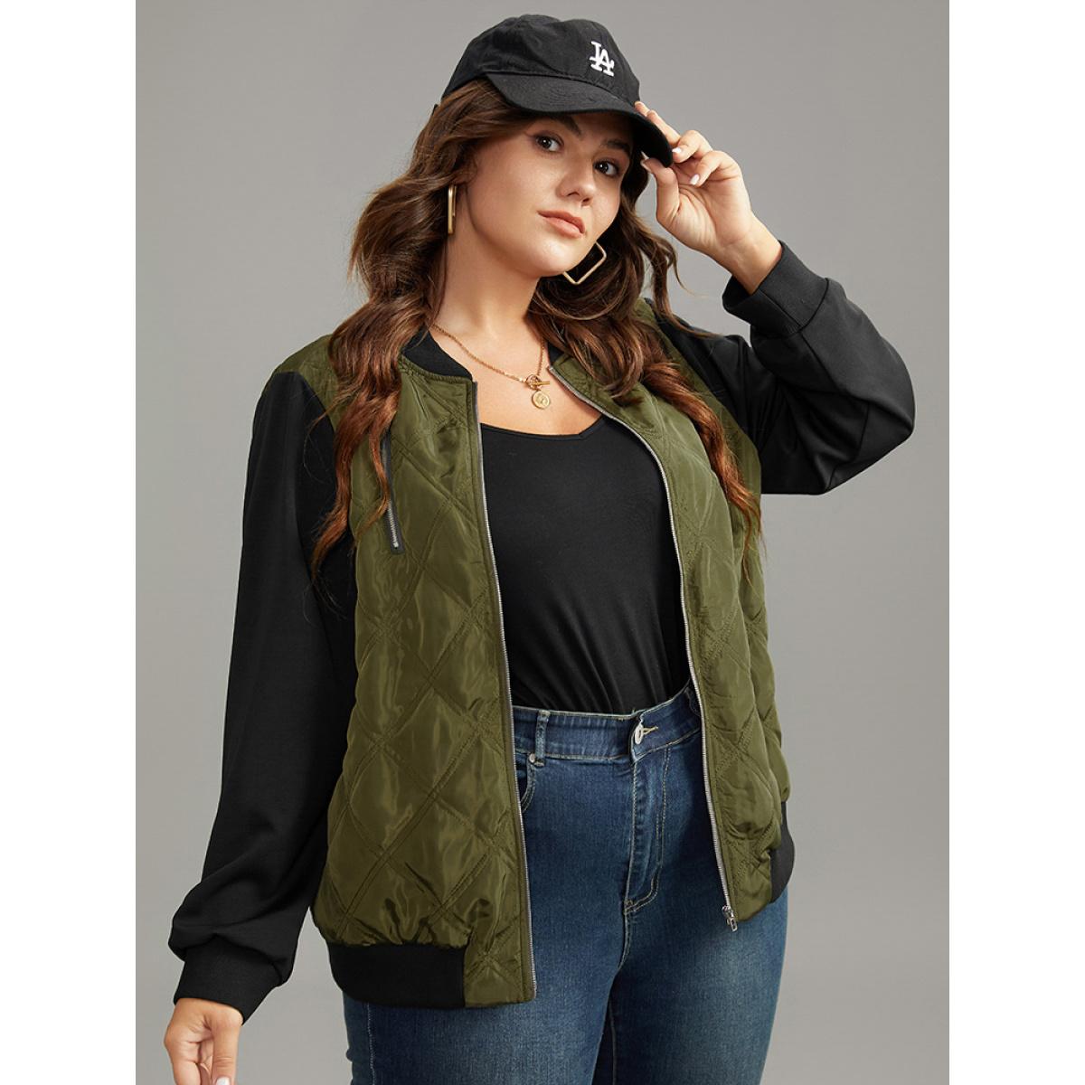 Plus Size Contrast Patchwork Quilted Zipper Bomber Jacket Women ArmyGreen Elastic cuffs Everyday Jackets BloomChic 22-24/3X Product Image