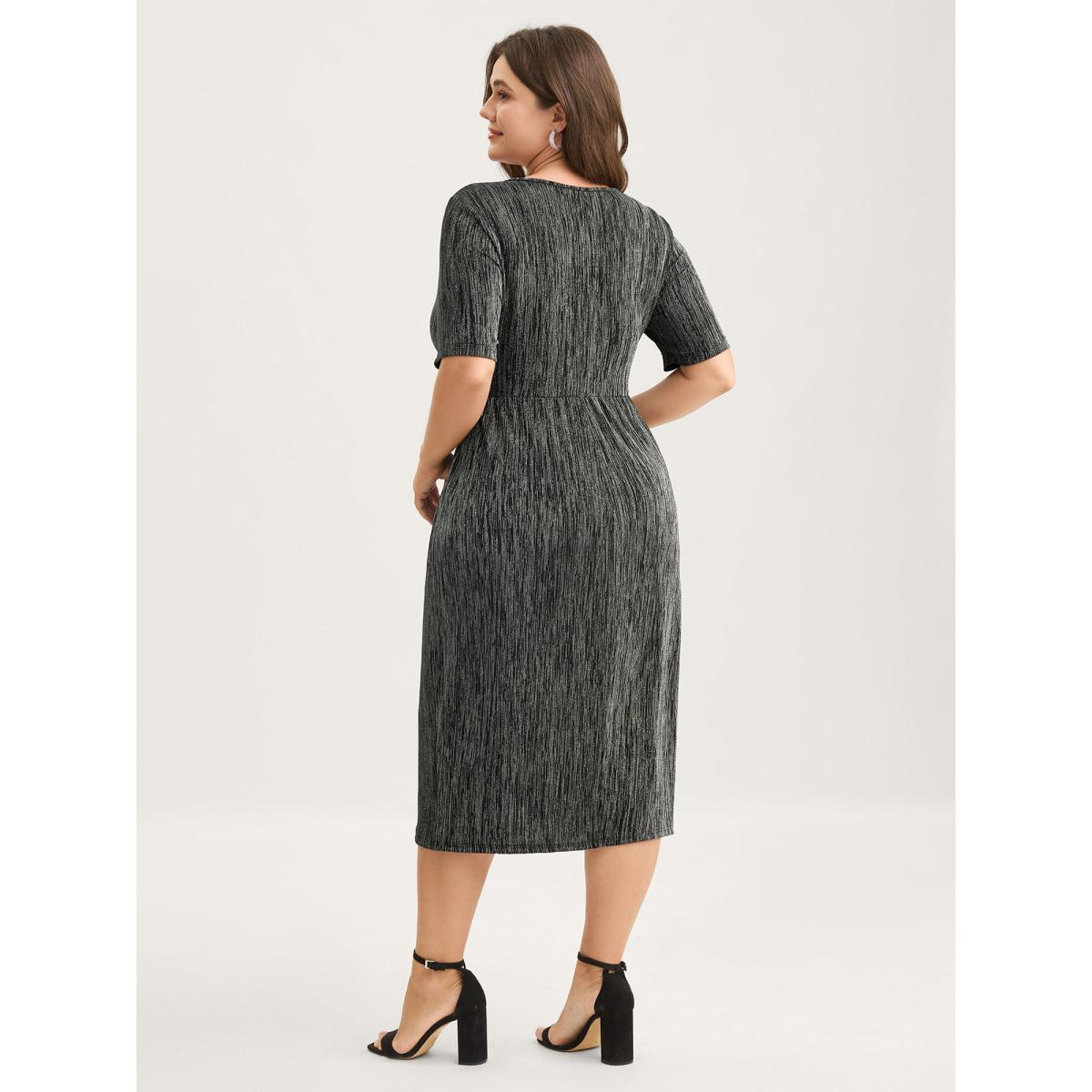 Plus Size Stretchy Asymmetrical Hem Surplice Midi Dress Black Women Office Overlapping Overlap Collar Short sleeve Curvy BloomChic 12/L Product Image