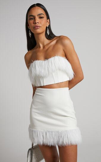 Rhaiza Mini Skirt - Faux Feather Trim High Waisted Skirt in White Product Image