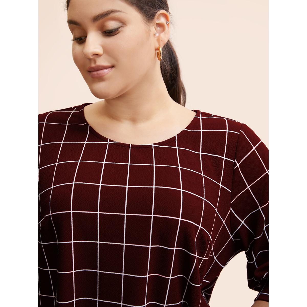 Plus Size Plaid Round Neck Lantern Sleeve T-shirt Black Women At the Office Printed Plaid Round Neck Office T-shirts BloomChic 22-24/3X Product Image