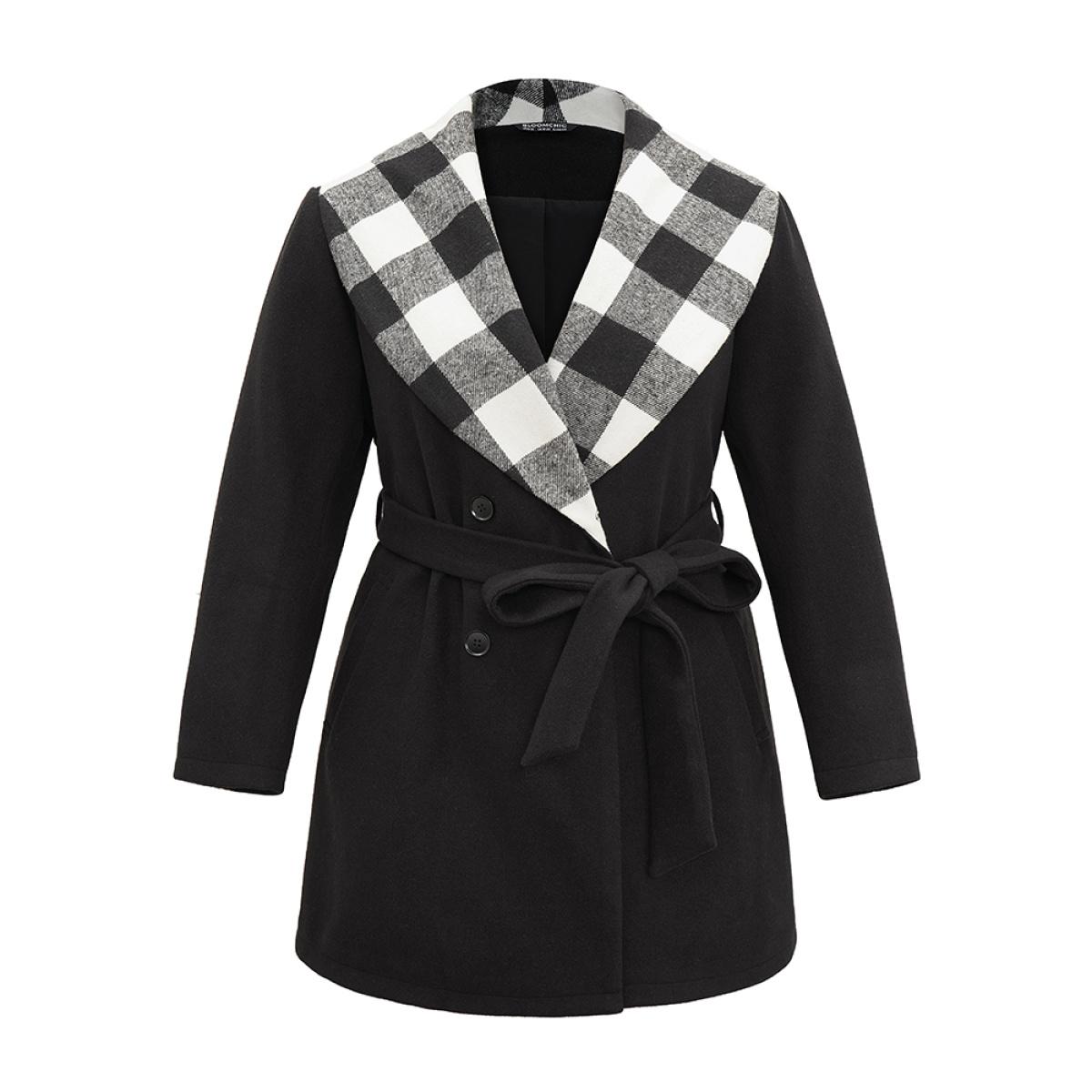 Plus Size Plaid Lapel Collar Pocket Belted Coat Women Black Casual Lined Ladies Dailywear Winter Coats BloomChic 26/4X Product Image