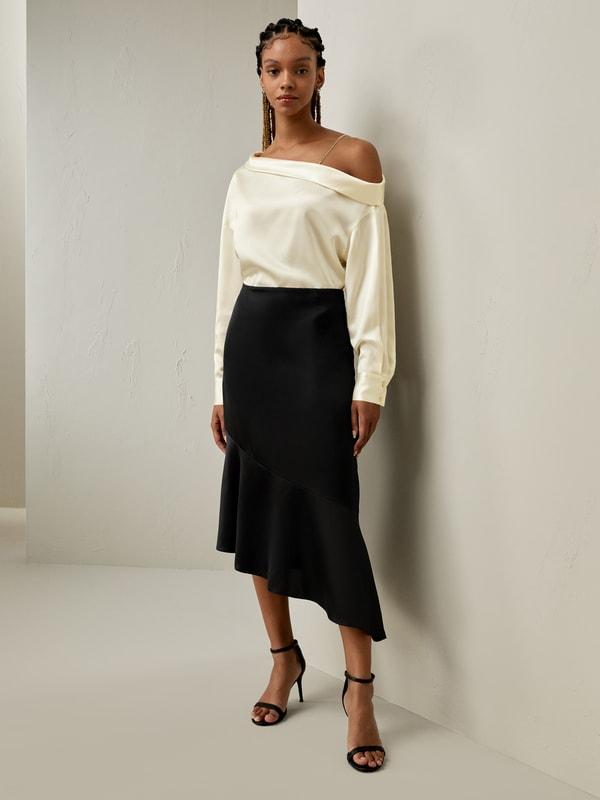 LILYSILK Women's Chic Silk Charmeuse One-Shoulder Party Top with Chain Lily White L Product Image