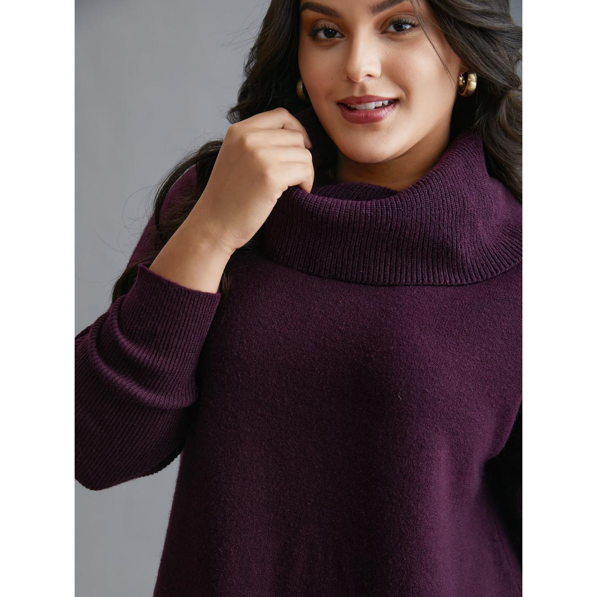 Plus Size Supersoft Essentials Turtle Neck Asymmetrical Hem Slit Pullover Eggplant Women Casual Loose Long Sleeve Turtleneck Everyday Pullovers BloomChic 10/M Product Image