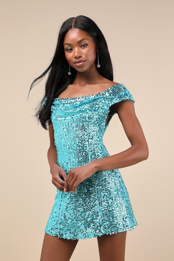 Glittering Nights Aqua Blue Sequin Off-the-Shoulder Mini Dress Product Image