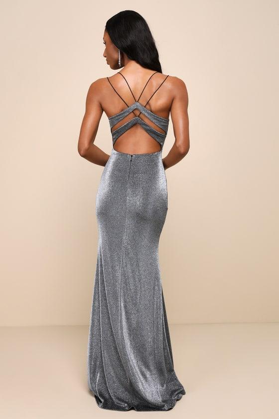 Toasting the Evening Shiny Silver and Black Backless Maxi Dress Product Image