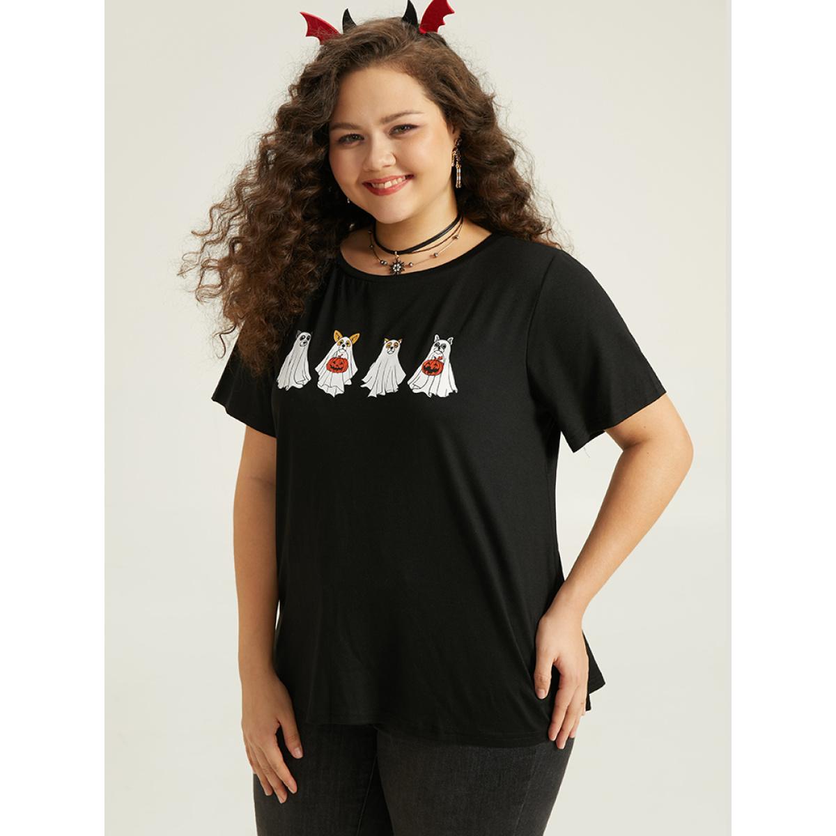 Plus Size Supersoft Essentials Halloween Print Crew Neck T-shirt Black Women Casual Printed Halloween Festival-Halloween T-shirts BloomChic 12/L Product Image