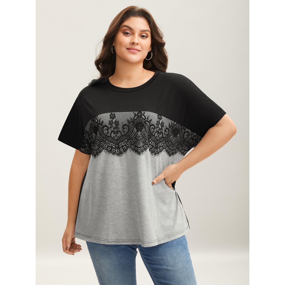 Plus Size Lace Design Color Contrast T-Shirt Black Women Casual Contrast Round Neck Casual T-shirts BloomChic 10/M Product Image