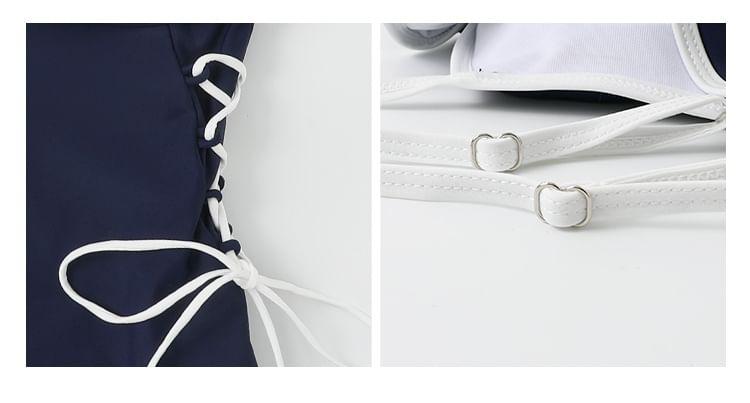 Set: Spaghetti Strap Lettering Contrast Trim Lace-Up Swim Dress + Long-Sleeve Plain Crop Cover Up Product Image